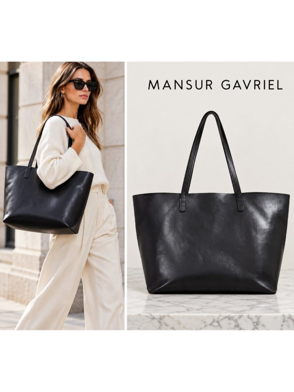 Mansur Gavriel Black Leather Large Tote Bag Minimalist Designer Shoulder Bag